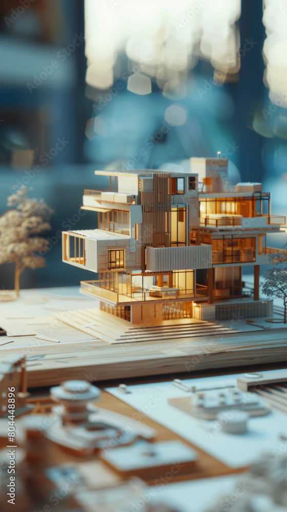 Poster a detailed architectural model of a multi-level, modern residence with balconies and large windows, 