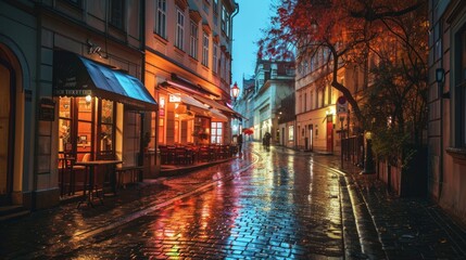 Fototapeta premium Autumn foliage with street and beautiful historical buildings of Prague city in Czech Republic in Europe.