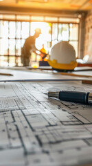 Close-up of architectural blueprints with a pen, safety helmets in the background, and a silhouette of a person, suggesting a construction planning environment.