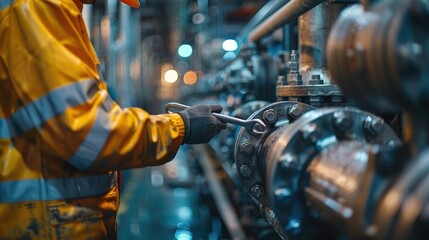 Engineer adjusting large industrial valves with a wrench in an oil refinery