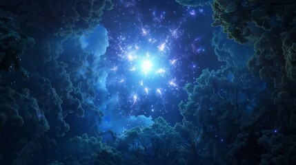 Fototapeta premium radiant neon star glowing amidst a dense forest of blue and purple