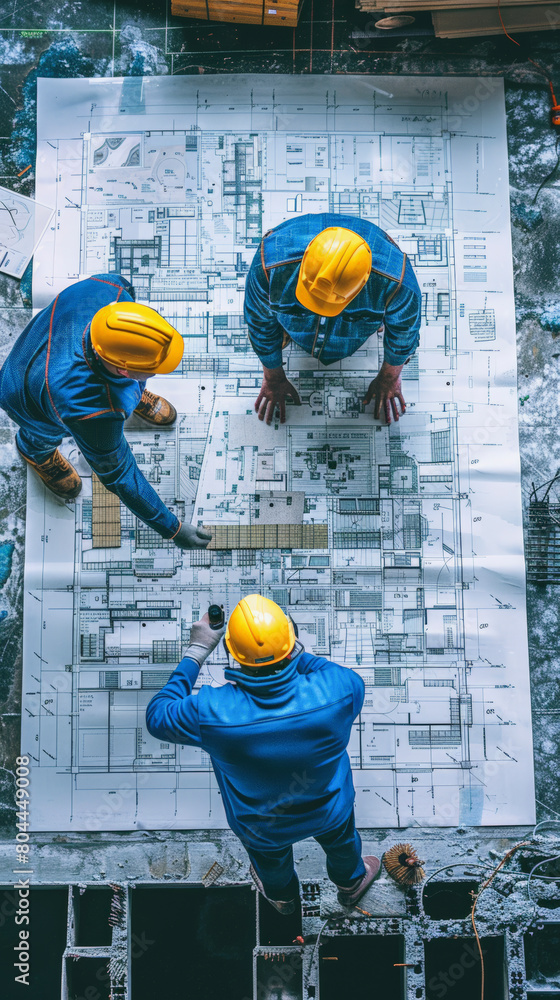 Poster three construction workers in hard hats examining large architectural blueprints on a table at a con