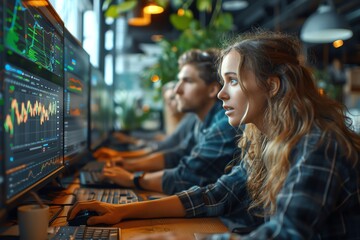 An open-plan software testing office, diverse team members analyzing data on multiple screens, focus on screens displaying code and test results, a modern and collaborative workspace