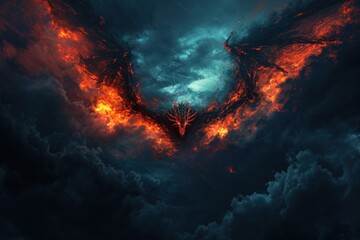 Powerful dragon flying in sky with clouds and fire flame.