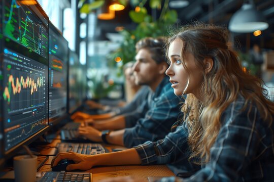 An open-plan software testing office, diverse team members analyzing data on multiple screens, focus on screens displaying code and test results, a modern and collaborative workspace