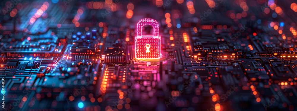 Poster this image depicts a glowing padlock symbol on a circuit board, representing concepts of cybersecuri