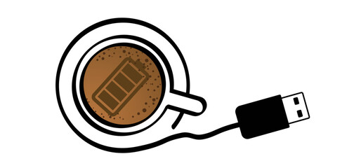 Hot coffee charge, loading indicator and plug. Mug with battery charge. Coffee a clock or tea time. Beverage logo. Work, Life balance concept for full energy. I need coffee. Low battery