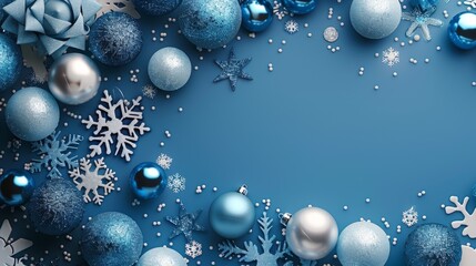 A Christmas-themed background, with blue and white snowflakes, balls