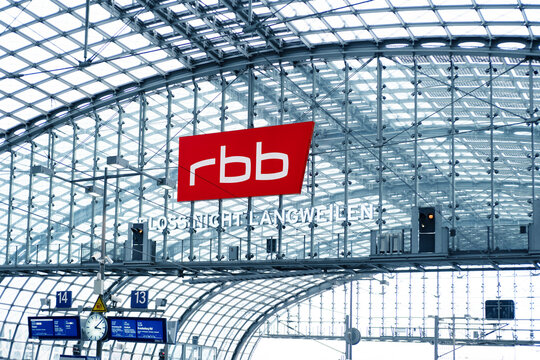 radio news Berlin-Brandenburg logo Media Company on arched metal vault at train station, modern radio broadcasting and commitment to quality, Trusted Information, Berlin, Germany - February 19, 2024
