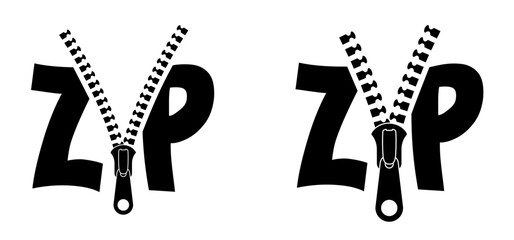 slogan zip file logo. Compression documents. Computer document icon. Reduce file size. Extension name .EXE. Zip fastener with zipper puller. Set of closed and open with fastener. Unzip, closed zip.