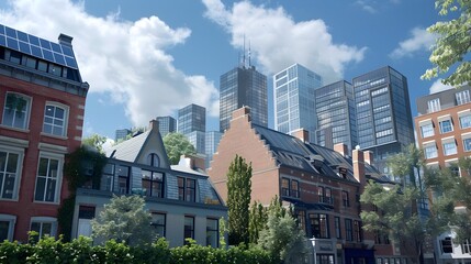 Historic Urban Houses Embrace the Future with Solar Panels and Skyscrapers Generative ai