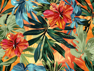 Jungle art. Botanical flowers canvas pattern. Floral island fabric color background. 