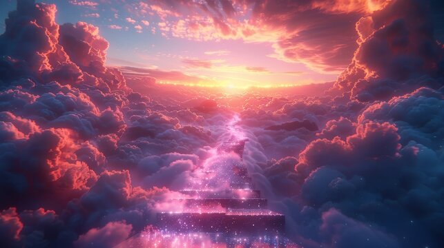 Explore a virtual world where the stairway to heaven stretches across a cloudscape of infinite beauty, its steps aglow with a sparkling light that beckons the soul