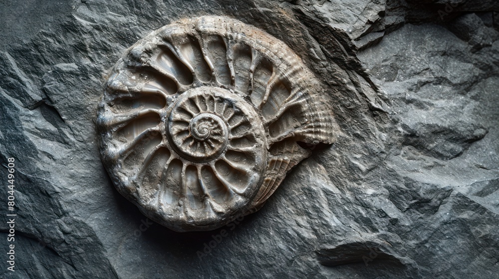 Wall mural Prehistoric fossil of a conch in a rock stone.