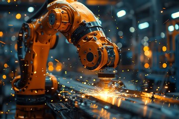Dynamic view of a welding robot, sparks flying, dramatic lighting, dark background, - Powered by Adobe