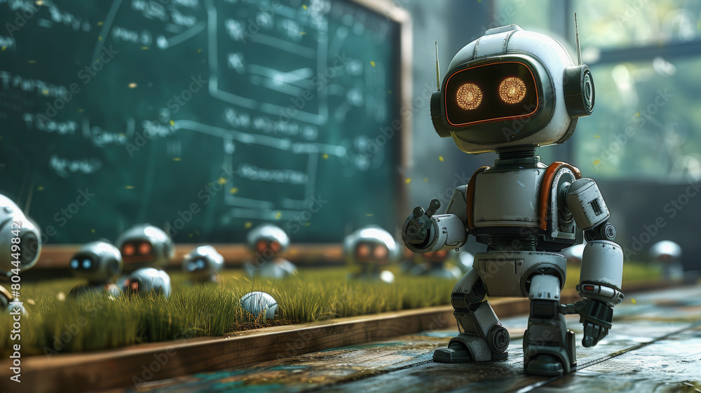 Poster a stylized robot with a vintage design stands in a room with grass, more robots, and a chalkboard fi