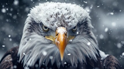 Close-up portrait of a bald eagle in snow in winter.