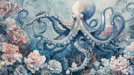 Enchanting watercolor depicting an octopus's garden with whimsical marine life companions, fostering a love for the ocean's mysteries in young minds
