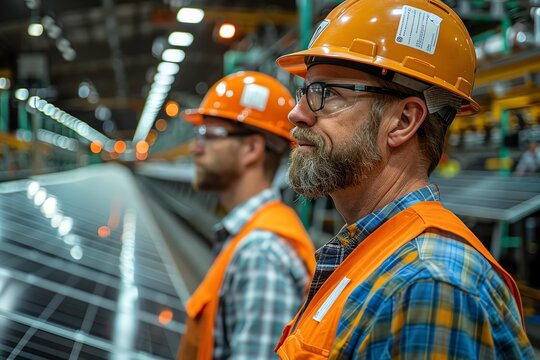 Engineers in a solar panel production facility, examining panels and discussing efficiency improvements