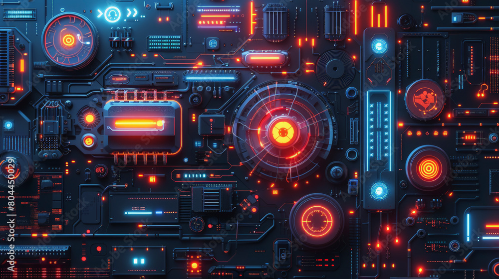 Poster futuristic circuit board with glowing red and blue elements, reminiscent of high-tech computer hardw