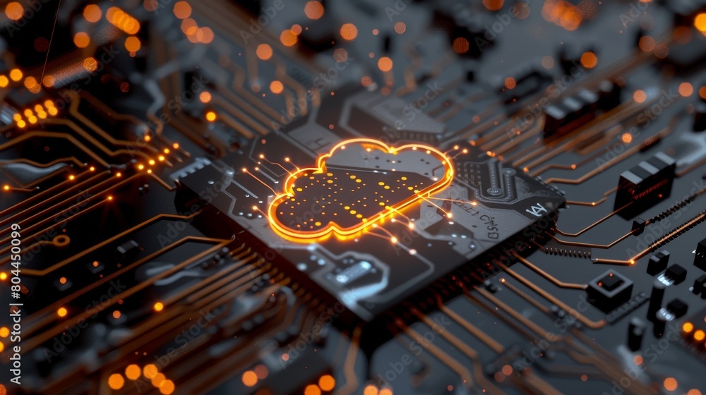 Poster a dark circuit board with a cloud server glowing softly
