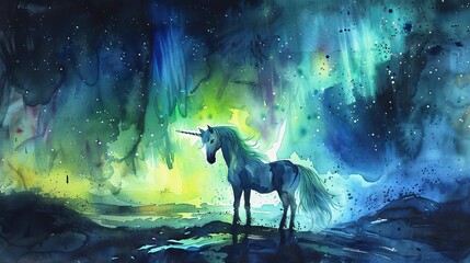 Enchanting watercolor of a unicorn under the northern lights, its ethereal beauty highlighted by the vibrant and mysterious aurora