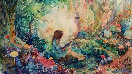 Enchanting watercolor showing a fairy reading a spell book in a secret garden, surrounded by magical flora and fauna, sparking curiosity and imagination