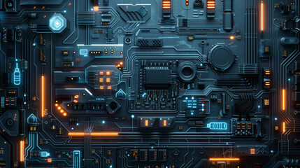 Fototapeta premium This image displays a close-up view of a complex circuit board with various electronic components, highlighting the intricacy of modern electronic design and technology.