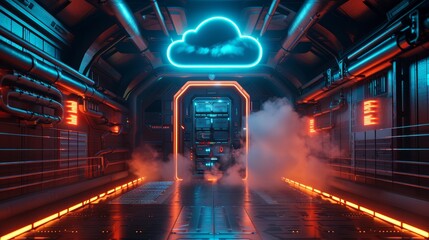 A dark and futuristic room housing a cloud storage unit, complete with a door and a glowing neon cloud