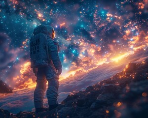 Astronaut on rocky terrain, cosmic sky filled with stars, galaxies, and nebula