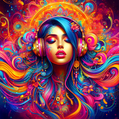 Digital art vibrant colorful psychedelic beautiful woman with headphones vibin to music