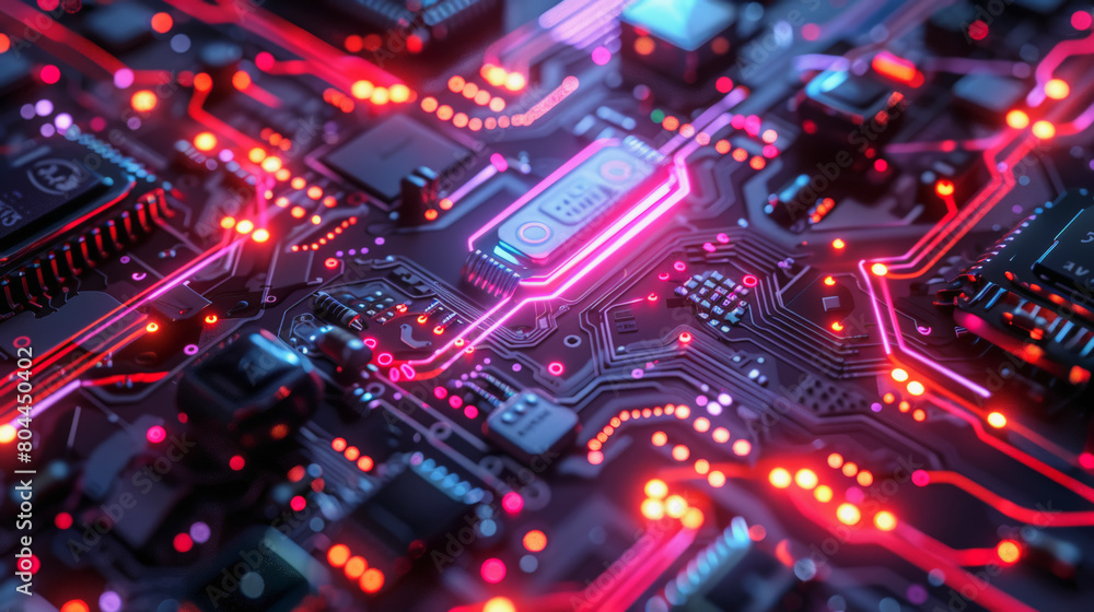 Poster a close-up view of an illuminated electronic circuit board featuring integrated circuits, resistors,