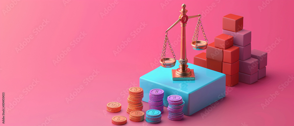 Wall mural 3D rendering of a balance scale with weights on a pink background