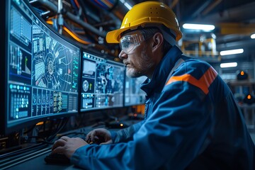 Engineers wearing hard hats reviewing data on monitor, balanced composition, backlighting,