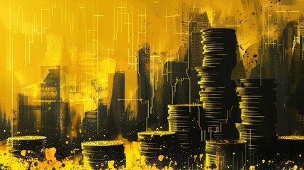 stacks of coins with a stock market graph showing a downward arrow, depicted in shades of yellow and black