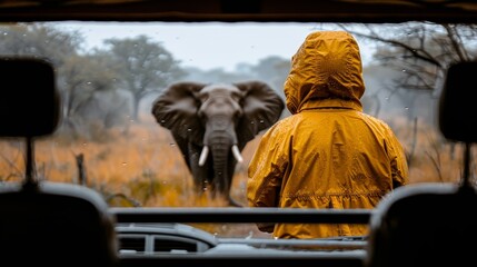 Woman in safari vehicle observing elephant in summer savanna on an exciting wildlife adventure