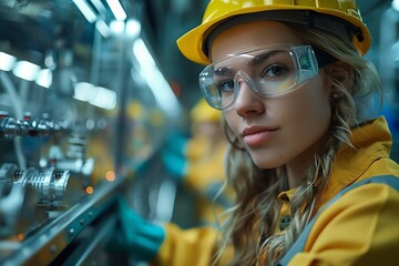 Focused engineers working on an electronics production line, wearing safety gear, high-tech machinery, detailed and realistic