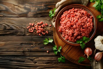 Ground meat in a bowl with parsley and garlic on a wooden table. Flat lay food photography for design and print.