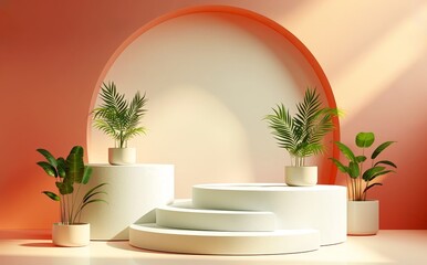 Minimalist stage design with podiums and plants, a pastel orange background