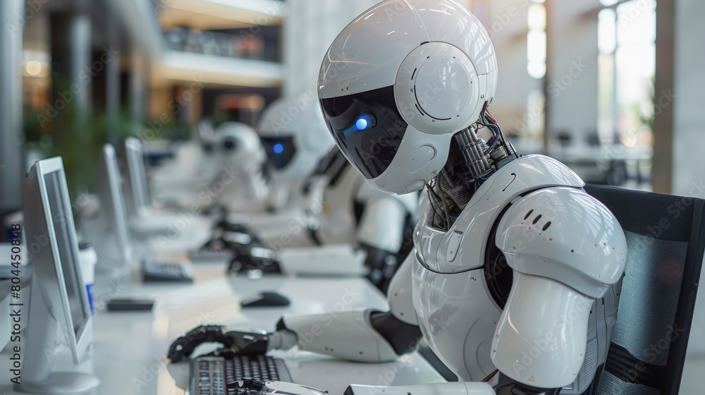 Poster a humanoid robot seated at a desk with a computer, suggesting an ai integration in a modern office s