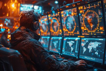 Obraz premium High-tech control room, operators at glowing monitors, dim ambient light, close-up view,