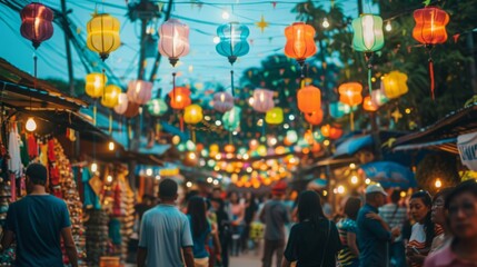 Diverse group of individuals strolling through a bustling market, browsing stalls and interacting with vendors.