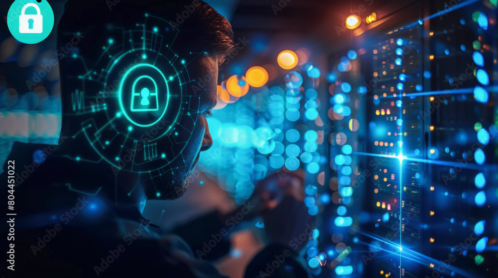 Poster a man interfacing with advanced cybersecurity technology, illustrated by a graphical lock overlay on