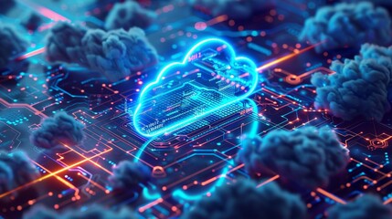 A futuristic illustration of cloud computing, enhanced with neon effects and presented