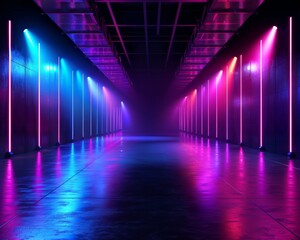 Fototapeta premium A long, dark hallway with bright pink and blue neon lights reflecting off the floor background