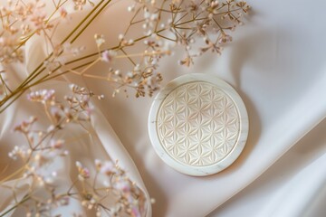 White ceramic plate with flower of life pattern on beige fabric with dried flowers, flat lay. Spiritual and wellness concept. Top view banner with copy space.