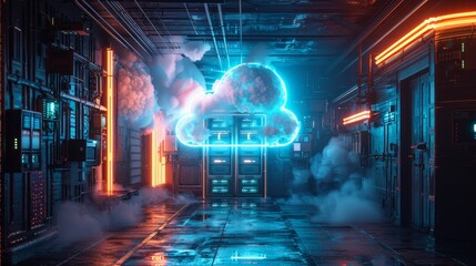 A futuristic scene with a cloud storage, a door, and a glowing neon cloud in a dark setting