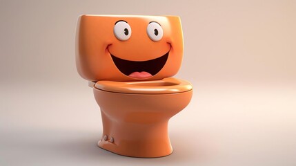 a 3D render of a happy cartoon toilet. The toilet should be orange and have a smiley face on the front. The toilet should be sitting on a white background. - obrazy, fototapety, plakaty