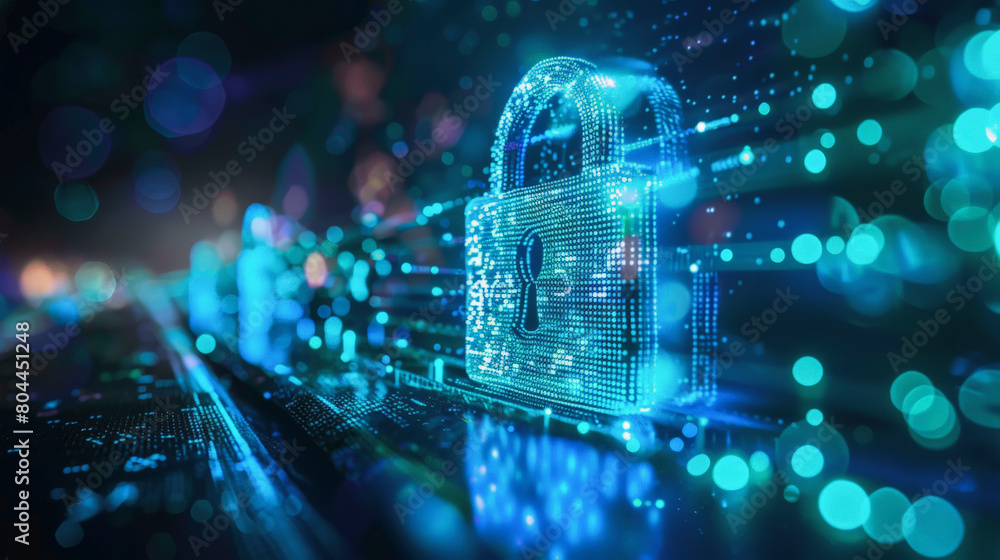 Poster the image depicts a digital padlock illuminated on a circuit board, representing concepts of digital