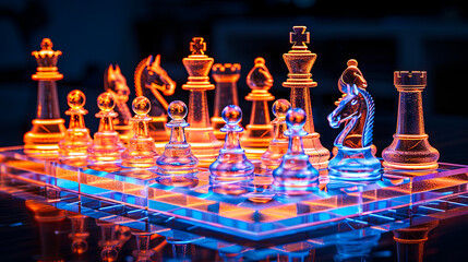 Futuristic Neon Chess Pieces on Glass Board.